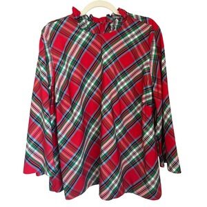 Lands End Womens 2X 20-22W Red Tartan Plaid Ruffle Neck Blouse Holiday Christmas